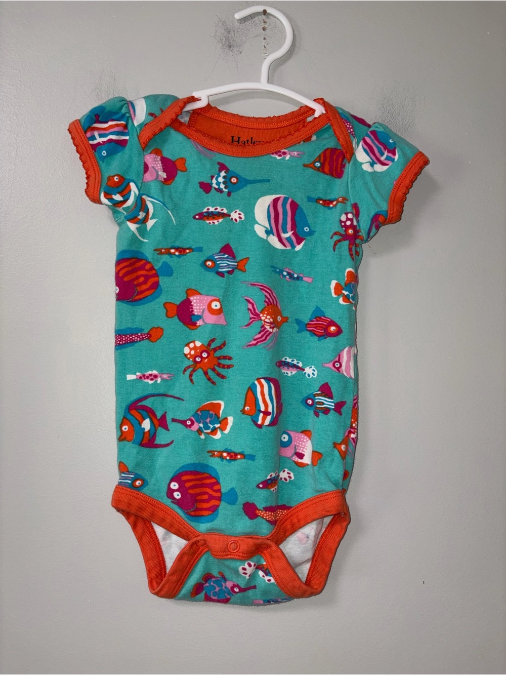 Hatley‎ Teal Orange Trim Body Suit Multicolor Fish Print Key West Girls 12-18 M